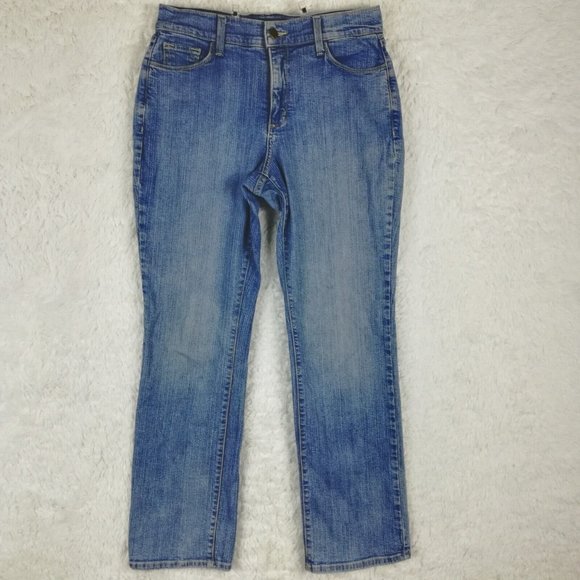 NYDJ Womens Jeans Straight Blue Denim Medium‎ Wash Mid Rise Petite 10P - Picture 1 of 13